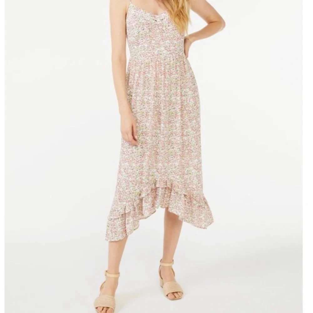 Scoop Ruffle High Low Hem Spaghetti Strap Floral Midi Sundress - Picture 1 of 6
